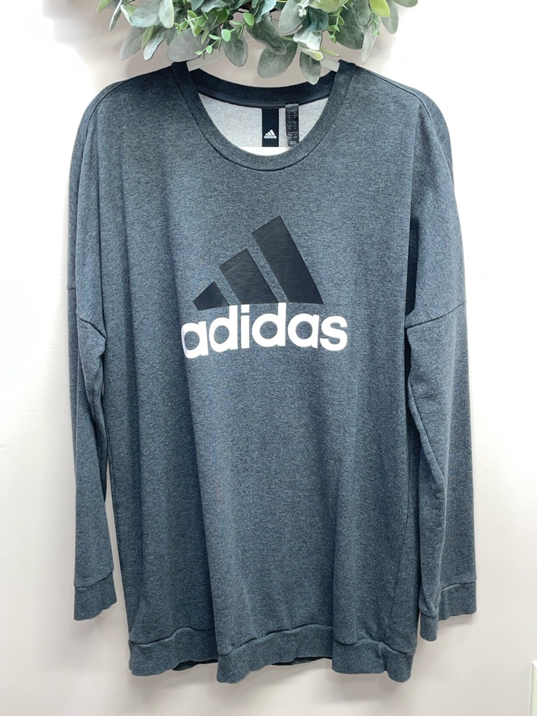 Adidas Bos Oversized Crewneck Sweatshirt Gray With White & Black Graphic Logo L